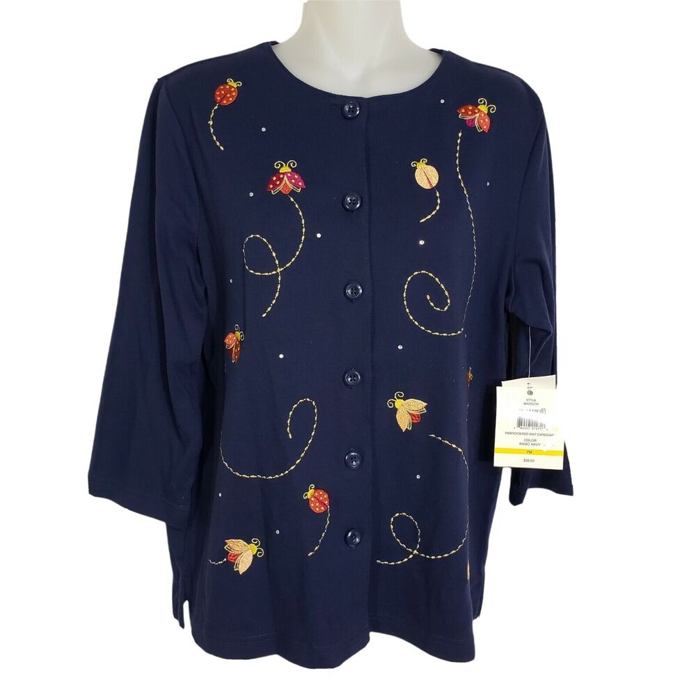Breckenridge Petite Womens Cardigan PM Button Down Embroidered Knit 3/4 Sleeve
